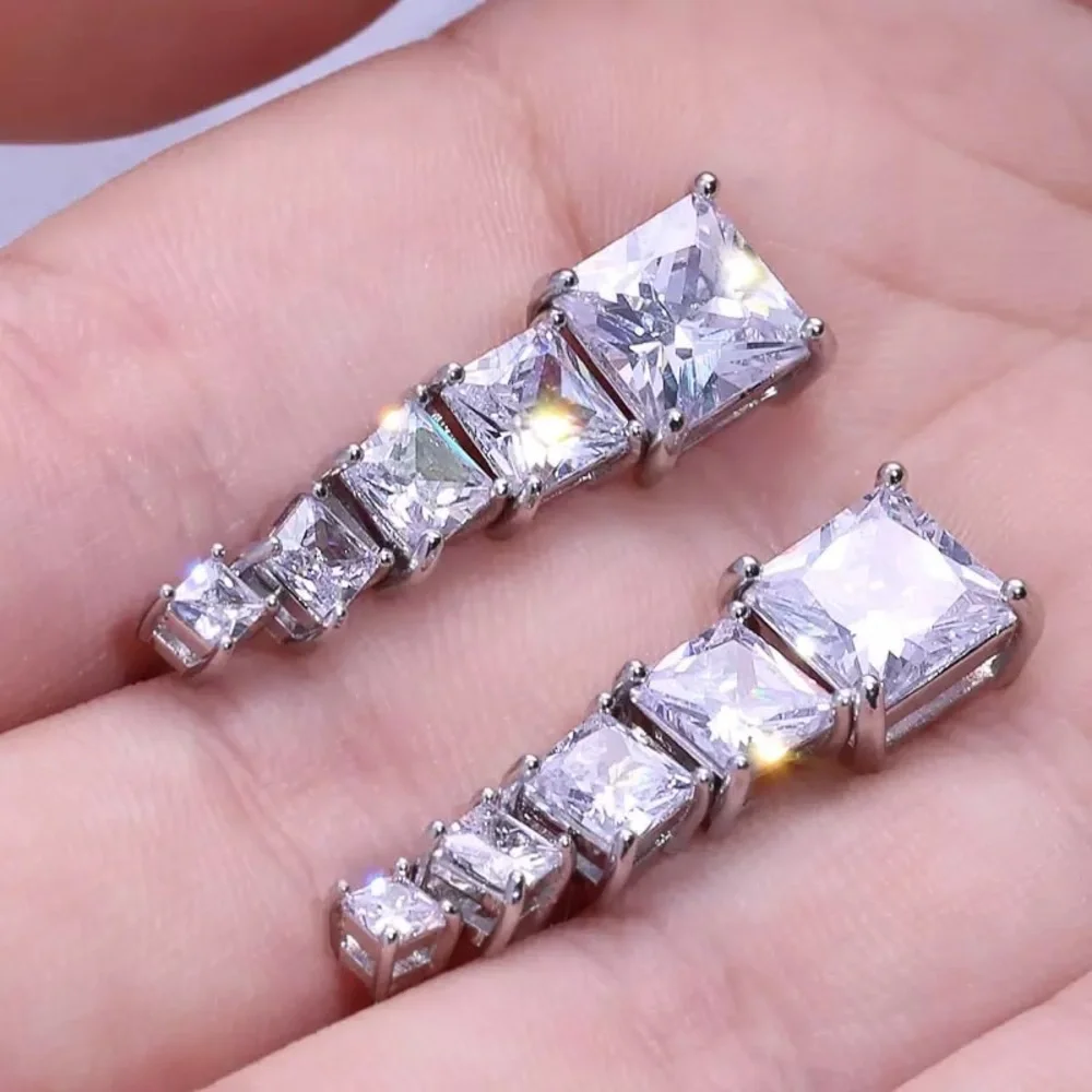 3.79Ct+ Emerald Cut Square Austrian Crystal VVS Simulated Diamond Studs Earrings